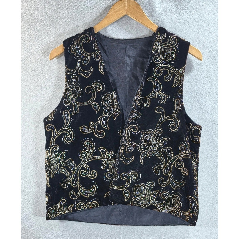 Vintage Whimsygoth Velvet Beaded Scroll Vest Large Dark Academia Goth Black